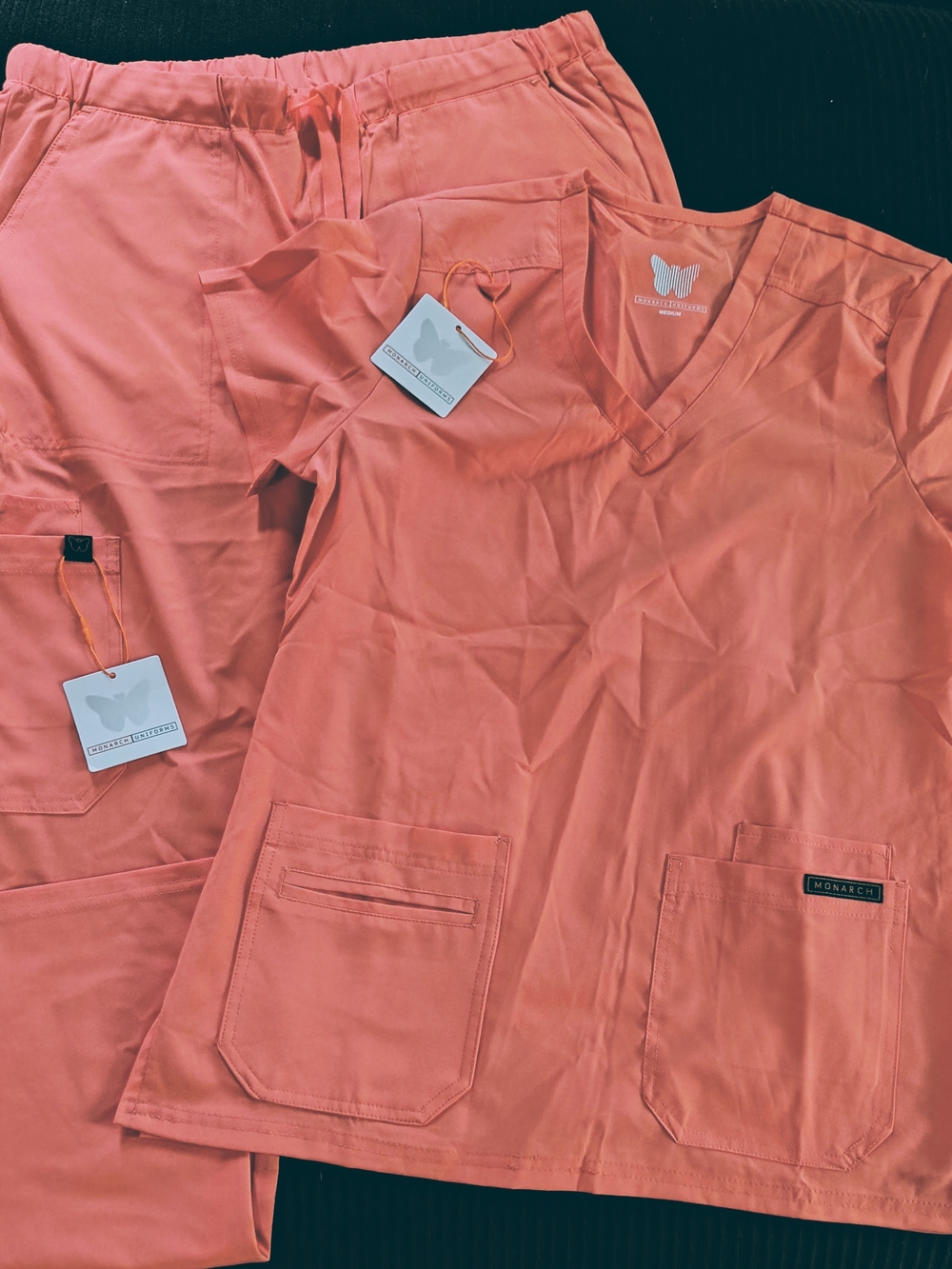 Women's Coral V-Neck Short Sleeve Scrub Top and Pants Set